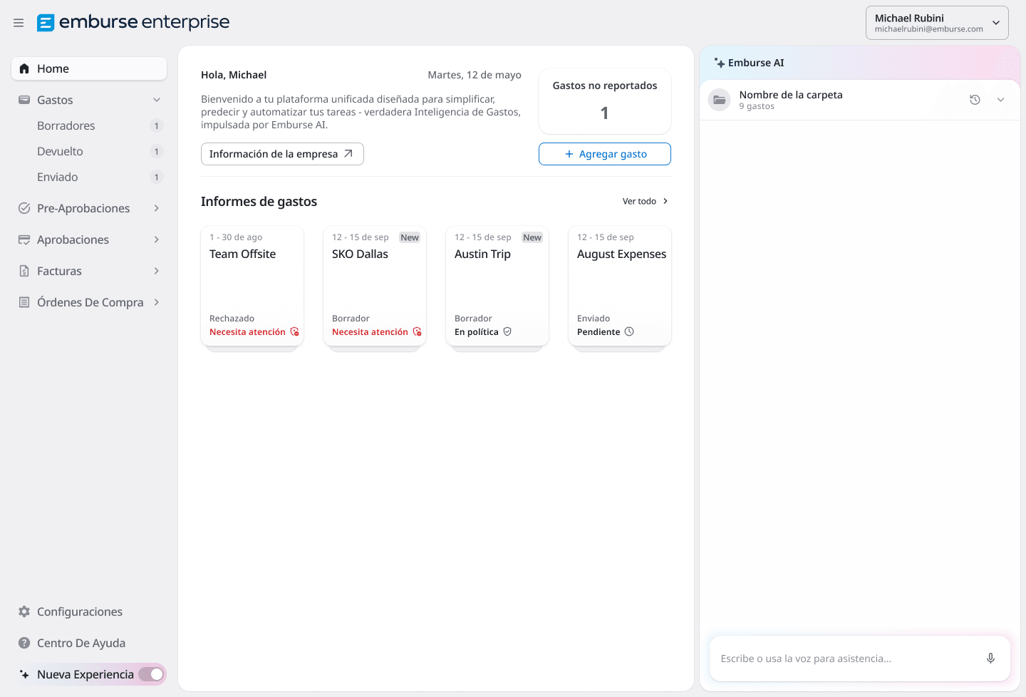 A screenshot of the Emburse Enterprise expense management dashboard, showing expense reports with various statuses, a navigation menu, and an AI assistant sidebar.