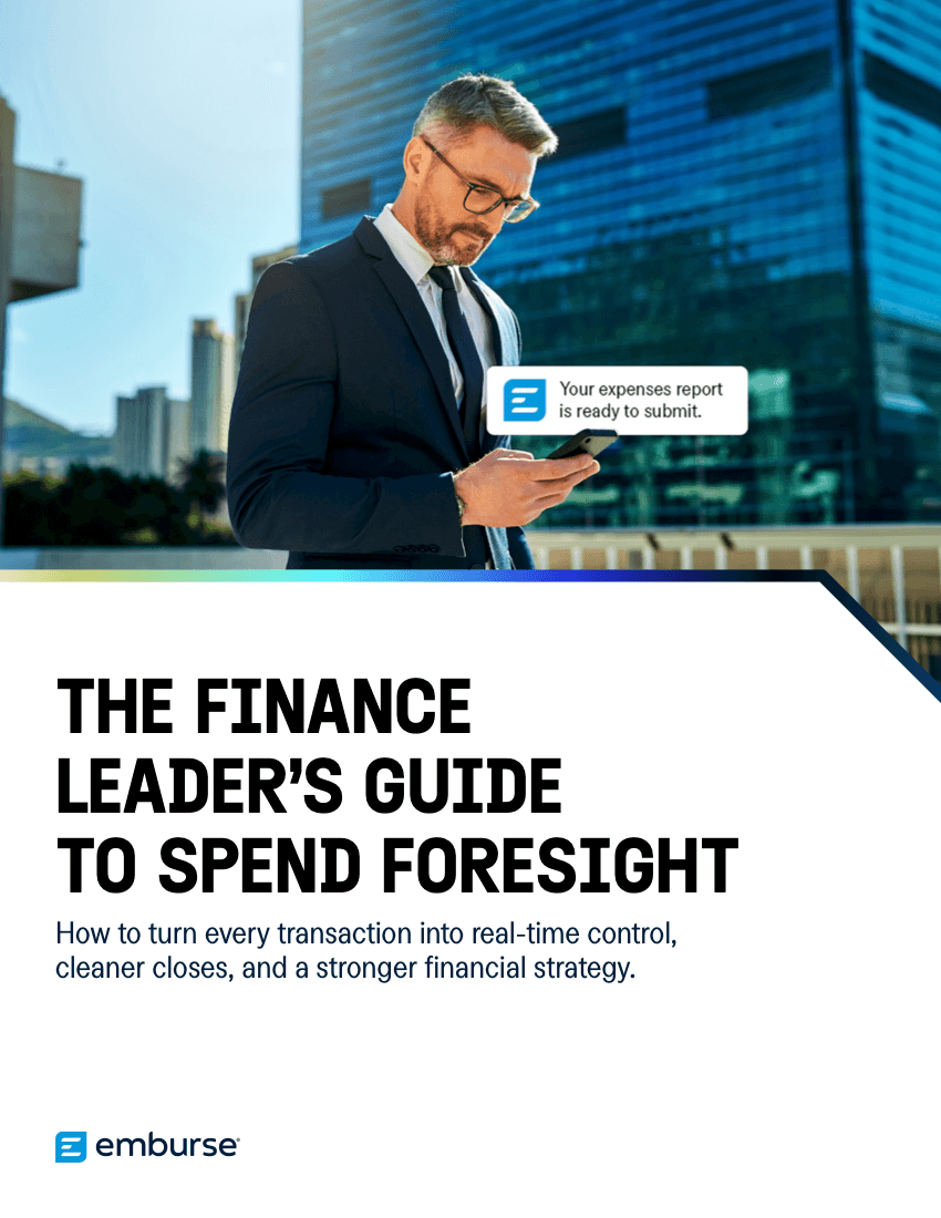 Cover of "THE FINANCE LEADER'S GUIDE TO SPEND FORESIGHT" featuring a man in a suit checking his phone, displaying an "expenses report is ready to submit" notification, with the Emburse logo.