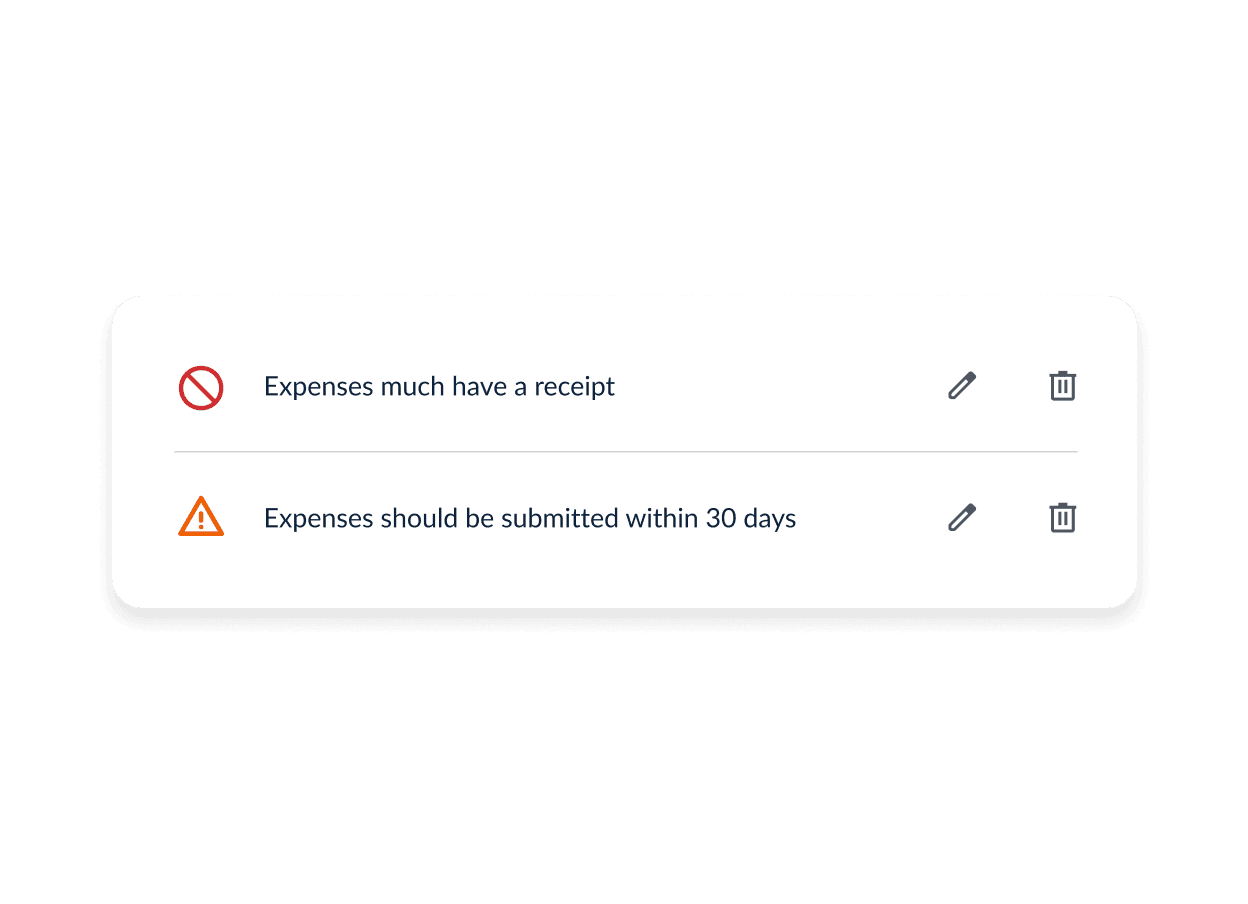 UI card with two expense rules: 'Expenses much have a receipt' (error) and 'Expenses should be submitted within 30 days' (warning).