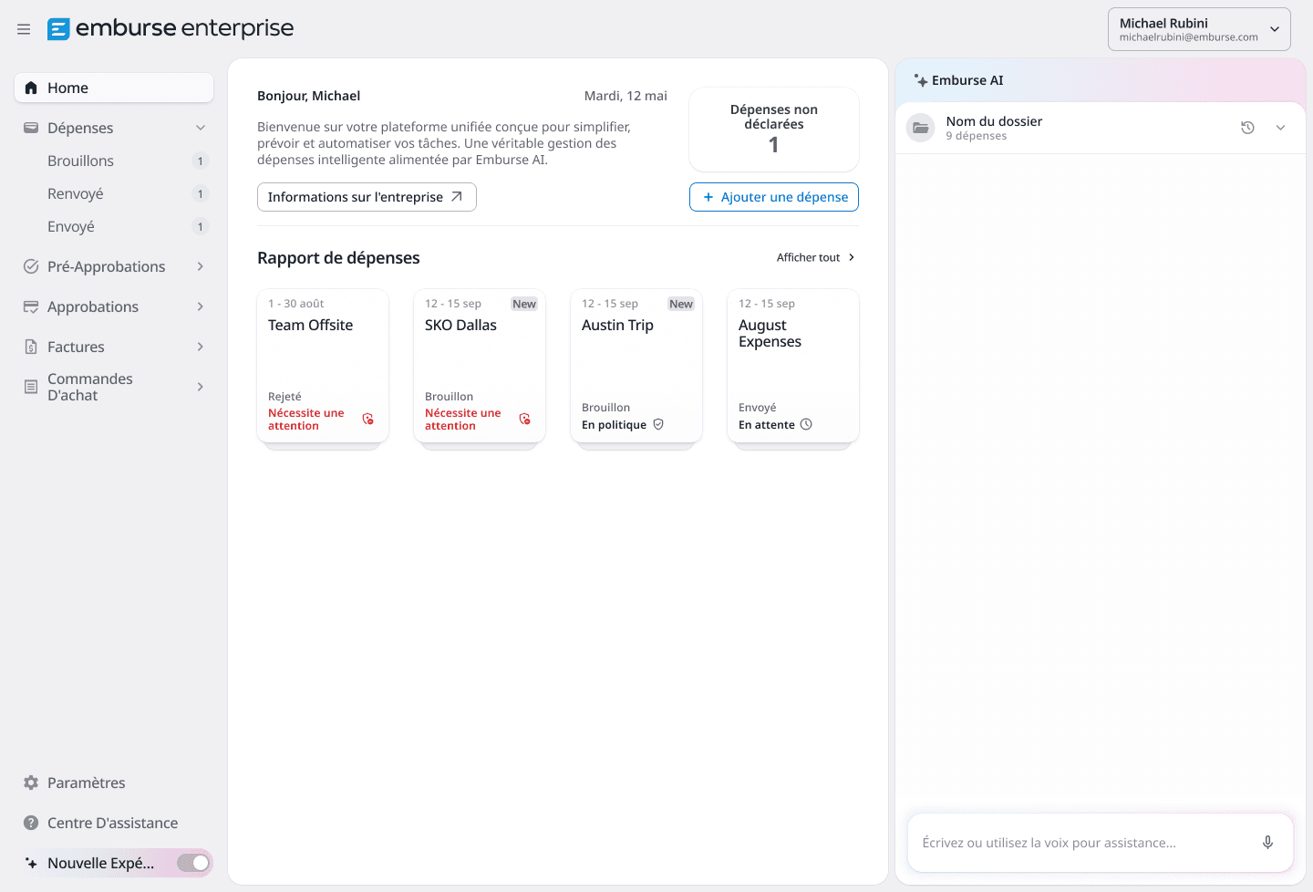 A screenshot of the Emburse Enterprise expense management dashboard in French, displaying expense reports, navigation, and an AI assistant sidebar.