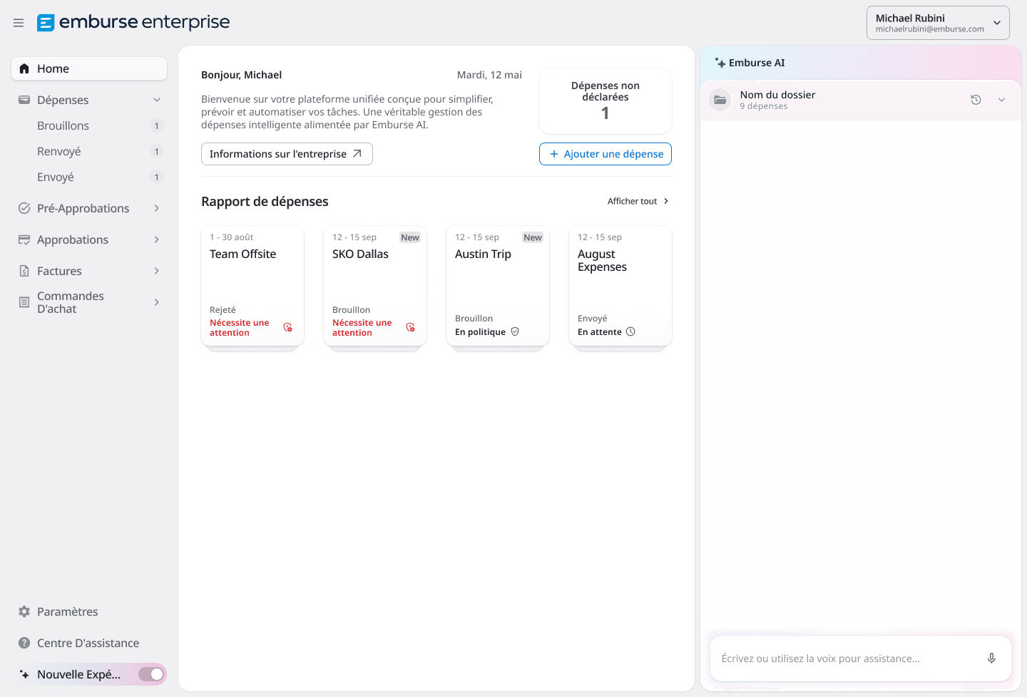 Emburse Enterprise expense management dashboard displaying expense reports, navigation, and an AI assistant panel.
