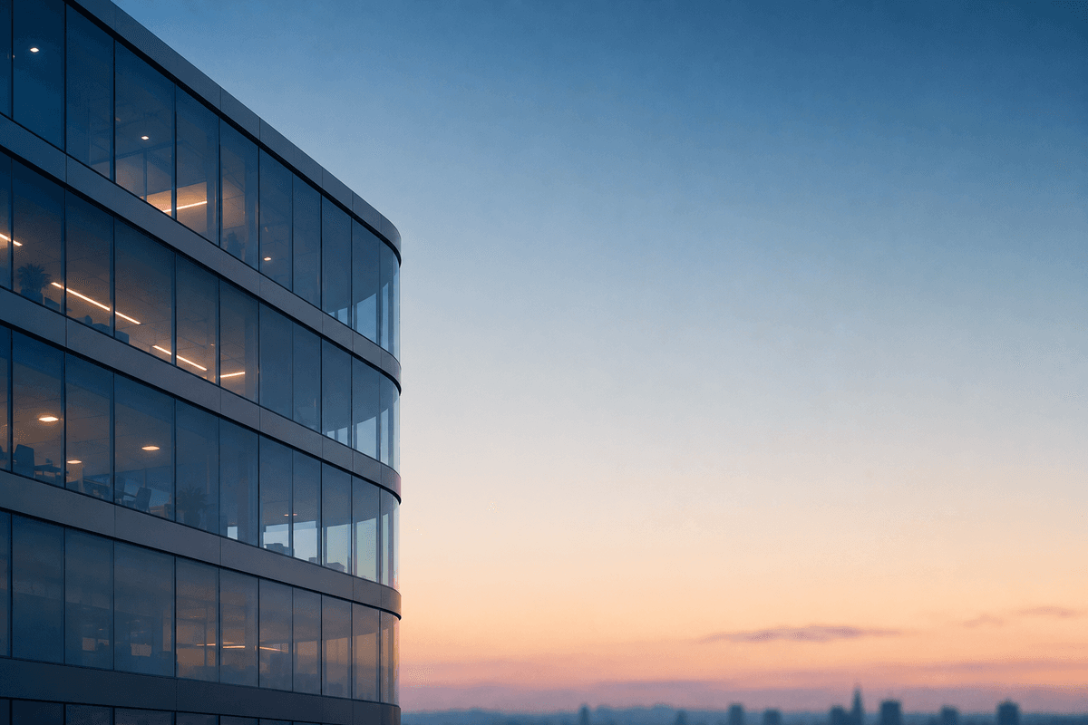 Modern glass office building with illuminated offices at sunset, overlooking a distant city skyline.