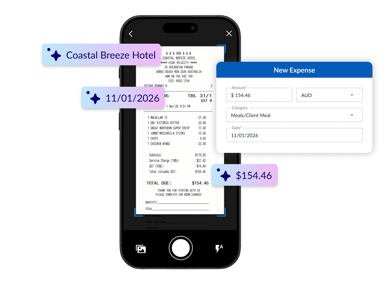 A smartphone scans a receipt, highlighting data like the hotel name, date, and total amount, which automatically populate a digital expense form.