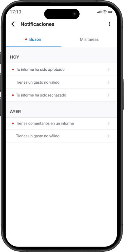 A smartphone screen displaying a "Notificaciones" (Notifications) list in Spanish, categorized by "HOY" (Today) and "AYER" (Yesterday), showing items like report approvals, rejections, and invalid expenses.