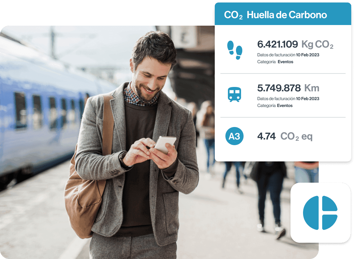 a man is looking at his phone with a co2 huela de carbono sign behind him