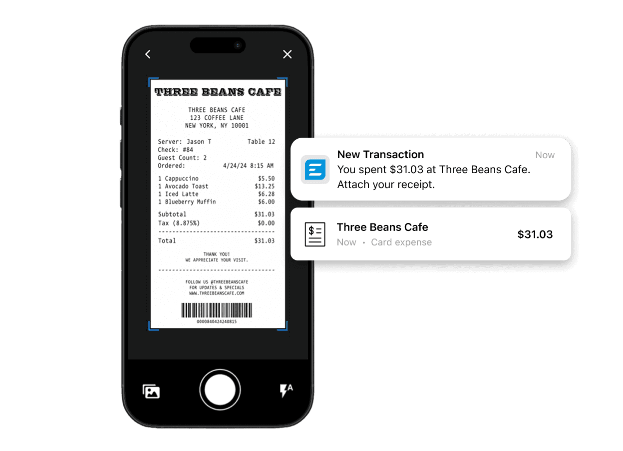 A smartphone scans a cafe receipt while two transaction notifications appear to its right, both showing a $31.03 expense.
