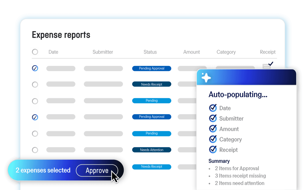 Digital expense report interface showing two expenses selected for approval and an auto-populating feature pop-up.