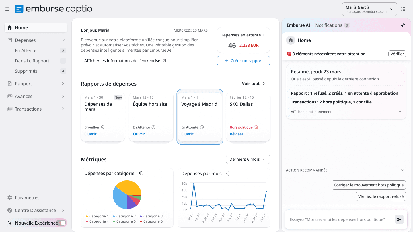Le logiciel de gestion des notes de frais Emburse Enterprise affiche des rapports de dépenses et un assistant IA qui résume un rapport de mai 2026 pour La Nouvelle-Orléans, d’un montant total de 1 882,28 $, nécessitant une attention particulière.