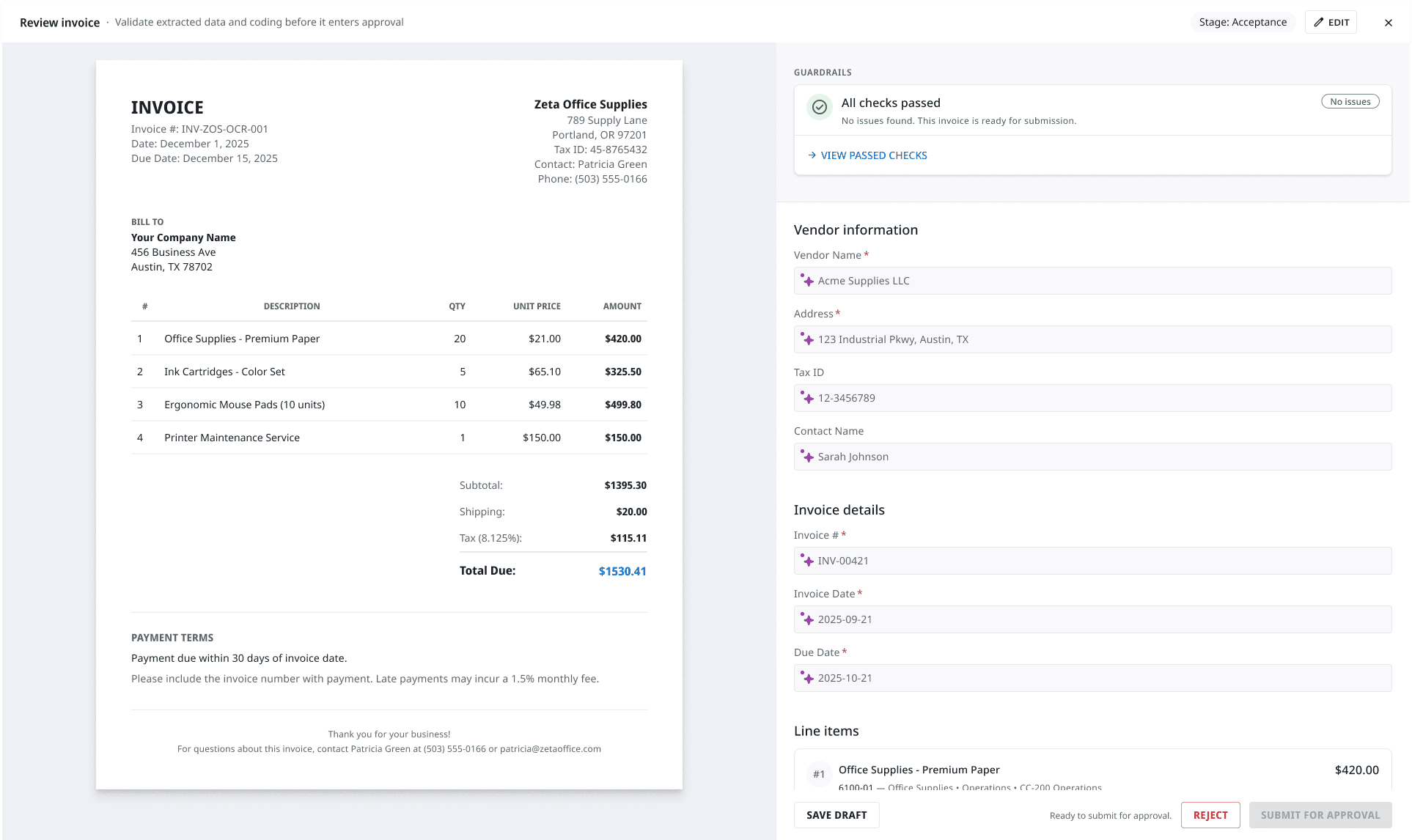 Digital interface displaying an invoice on the left and its extracted details with "All checks passed" on the right.