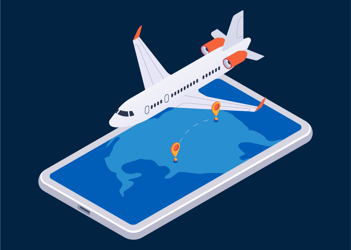 An airplane flying above a smartphone displaying a map with a travel route.