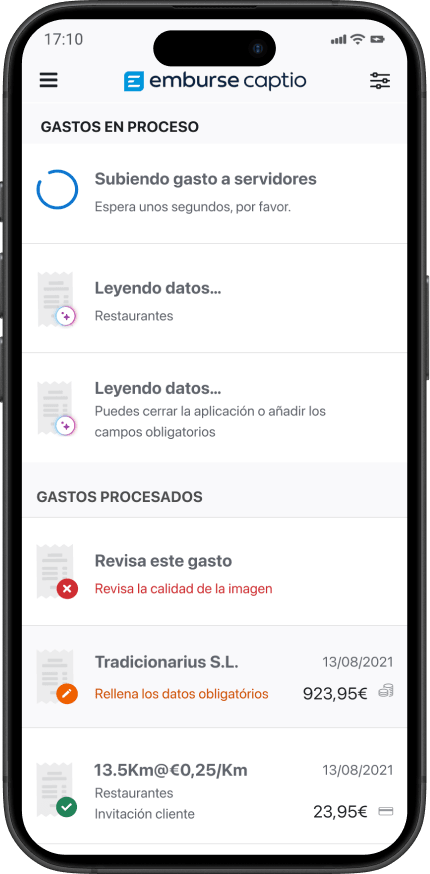 A mobile expense management app screen from "emburse captio" showing a list of expenses with different processing statuses, including uploading, data reading, items requiring review for image quality or missing data, and a completed expense.