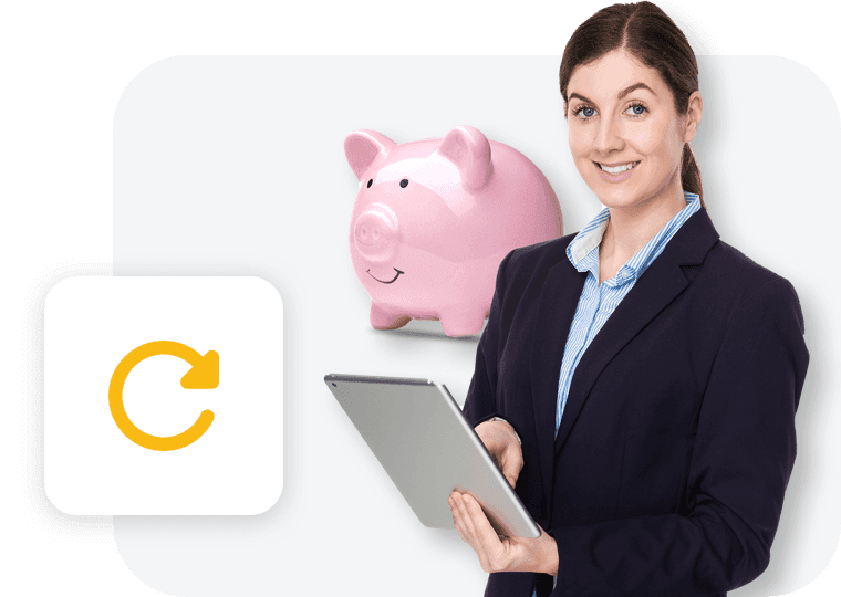 a woman holding a tablet in front of a piggy bank