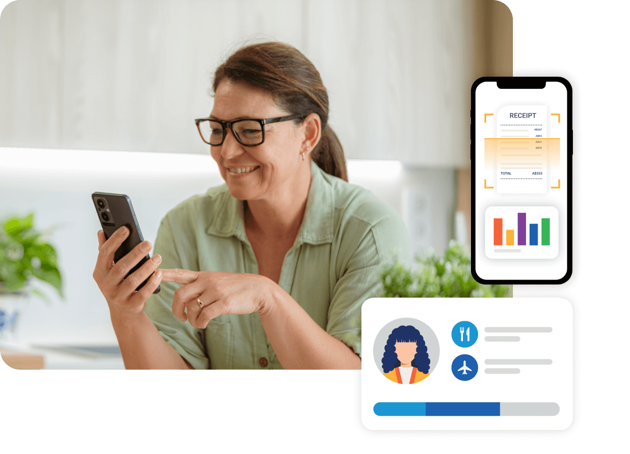 a woman wearing glasses is looking at an invoice on her phone