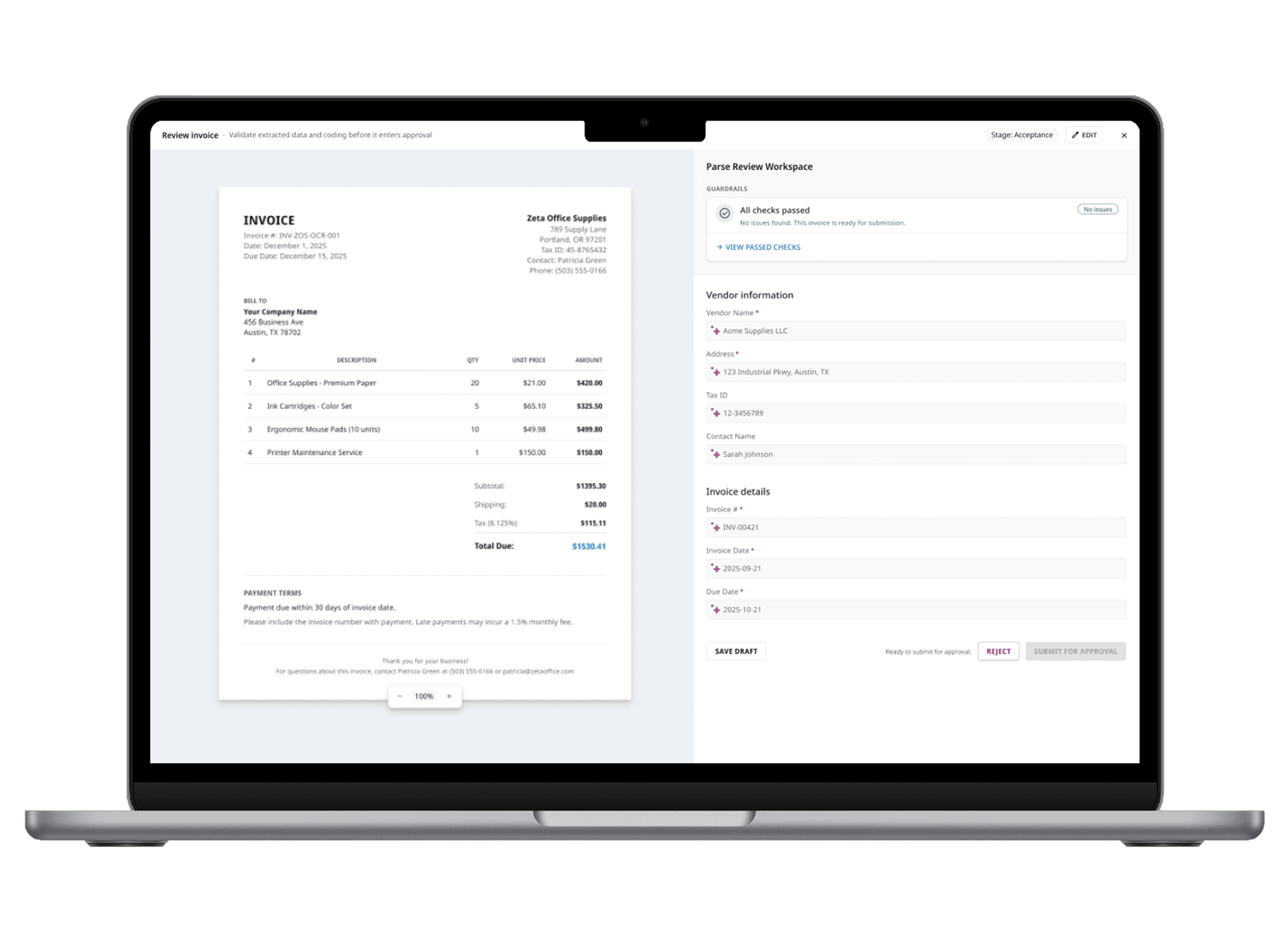 A laptop displays a digital invoice alongside an invoice review and approval workspace showing "All checks passed."