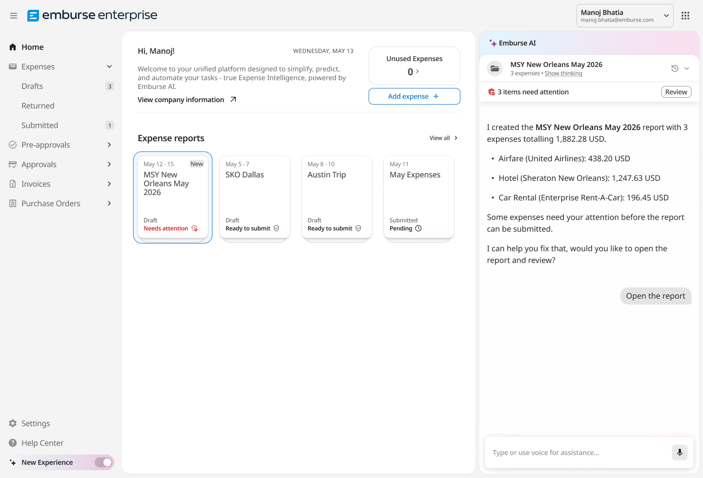 Emburse Enterprise expense management dashboard with an AI assistant displaying a New Orleans trip expense report that needs attention, listing airfare, hotel, and car rental details.