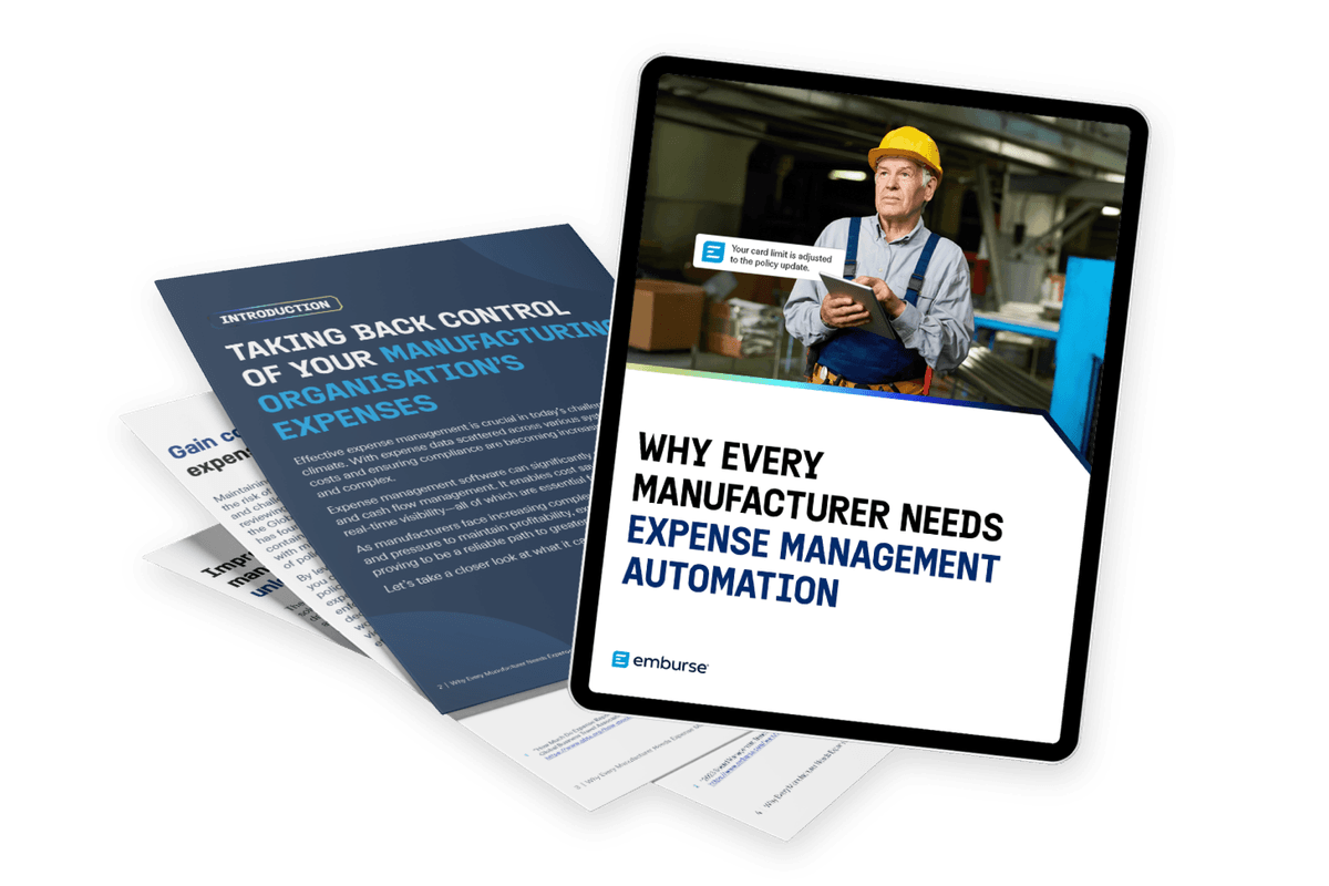 A tablet displaying an e-book titled "Why Every Manufacturer Needs Expense Management Automation" next to a stack of documents, the top one titled "Taking Back Control of Your Manufacturing Organisation's Expenses".