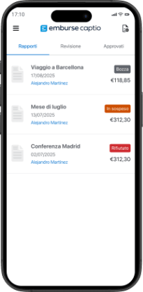 Smartphone screen showing the emburse captio app with expense reports in various statuses: Draft, Pending, and Rejected.