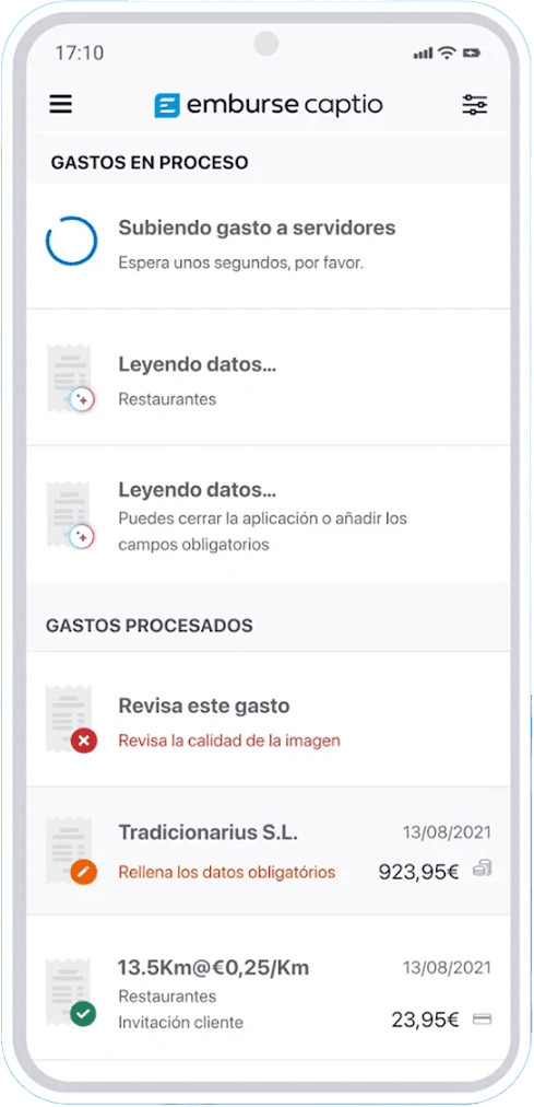 A mobile phone displays the "emburse captio" app, showing an expense management list with items in various states of processing and completion.