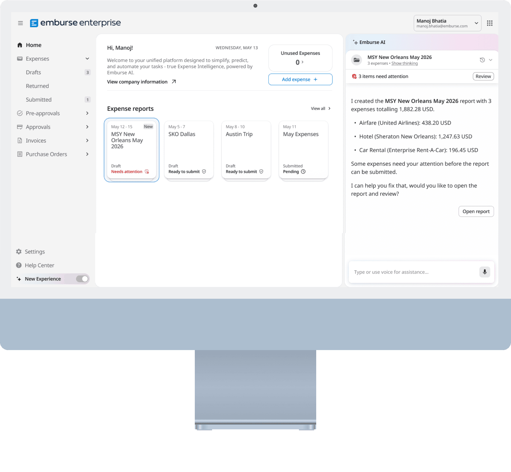 The reimagined Emburse Enterprise expense management dashboard, with expense reports and an AI assistant.