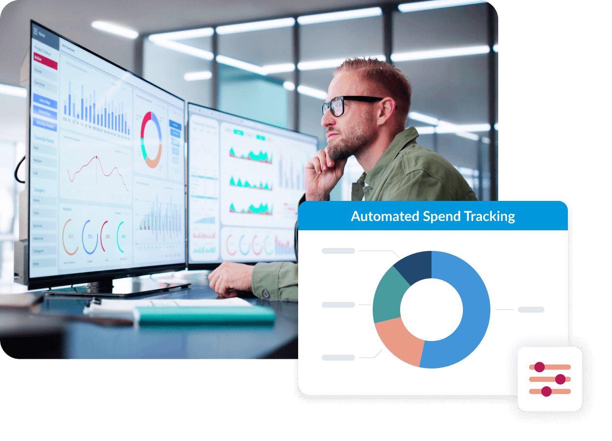Man viewing data dashboards on dual monitors, with an "Automated Spend Tracking" overlay showing a donut chart.
