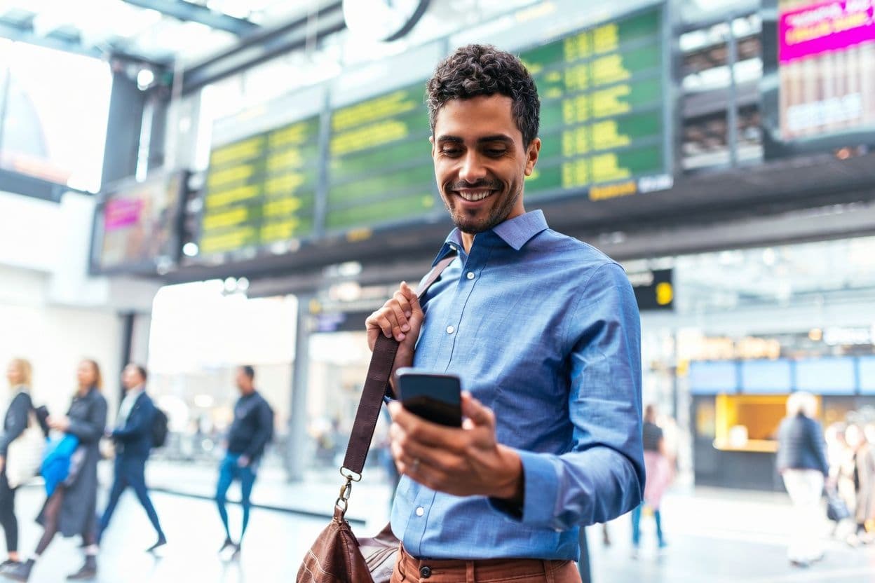 Voyageur d'affaires utilisant Emburse Go à son arrivée à destination