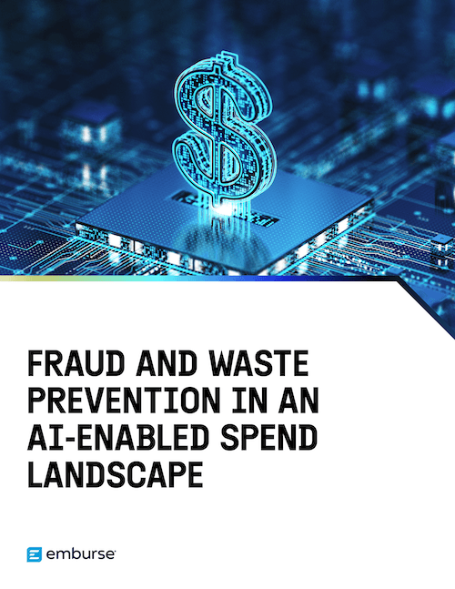 Report cover: 'Fraud and Waste Prevention in an AI-Enabled Spend Landscape,' featuring a digital dollar sign on a microchip. Emburse logo.