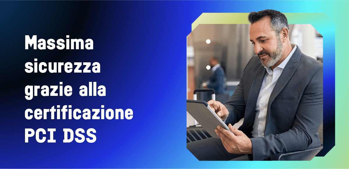 Emburse logo and text "Maximum security thanks to PCI DSS certification" over a man in a suit using a tablet.