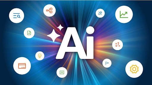 White "Ai" symbol with sparkles, surrounded by various icons on a dynamic blue background, representing AI capabilities.