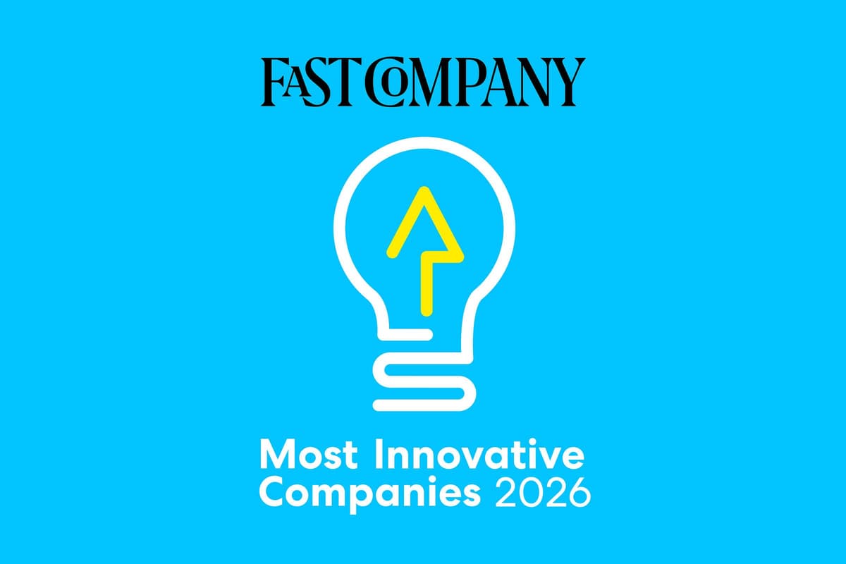 Fast Company Most Innovative Companies 2026 logo on a blue background, featuring a lightbulb icon with an upward arrow.