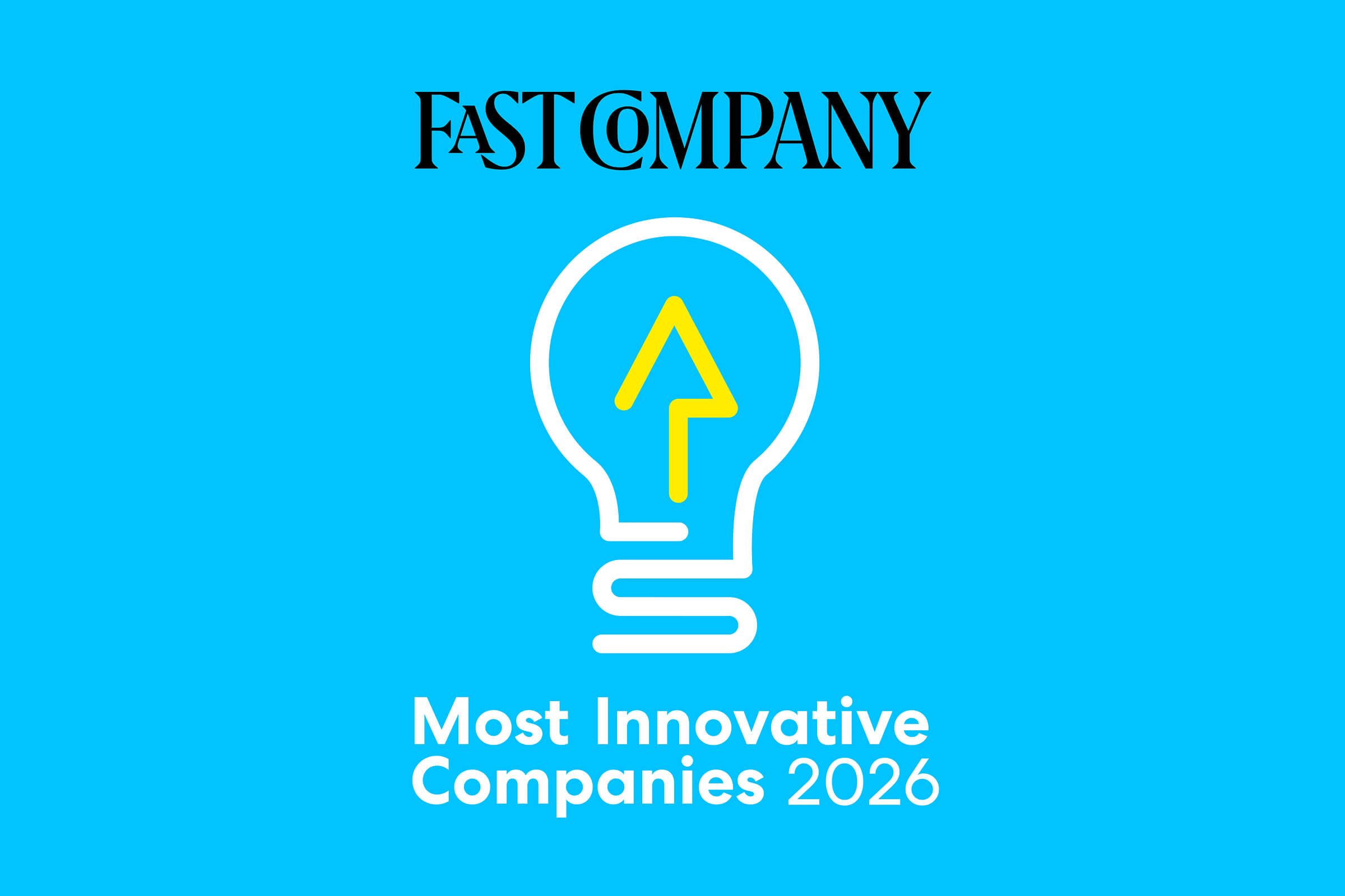Fast Company Most Innovative Companies 2026 logo on a blue background, featuring a lightbulb icon with an upward arrow.