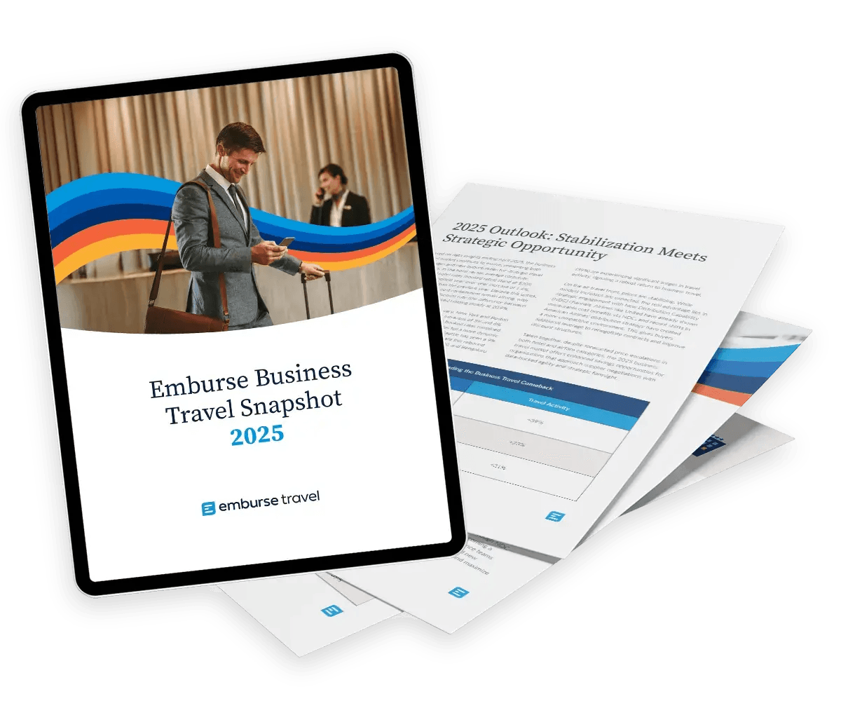 a tablet is open to a page that says embarse business travel snapshot 2025