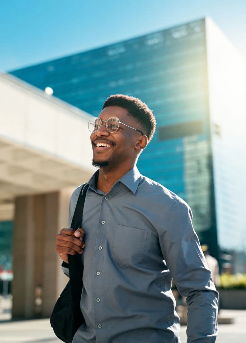 A smiling Black man in glasses and a blue shirt, carrying a bag, framed by rainbow arches.