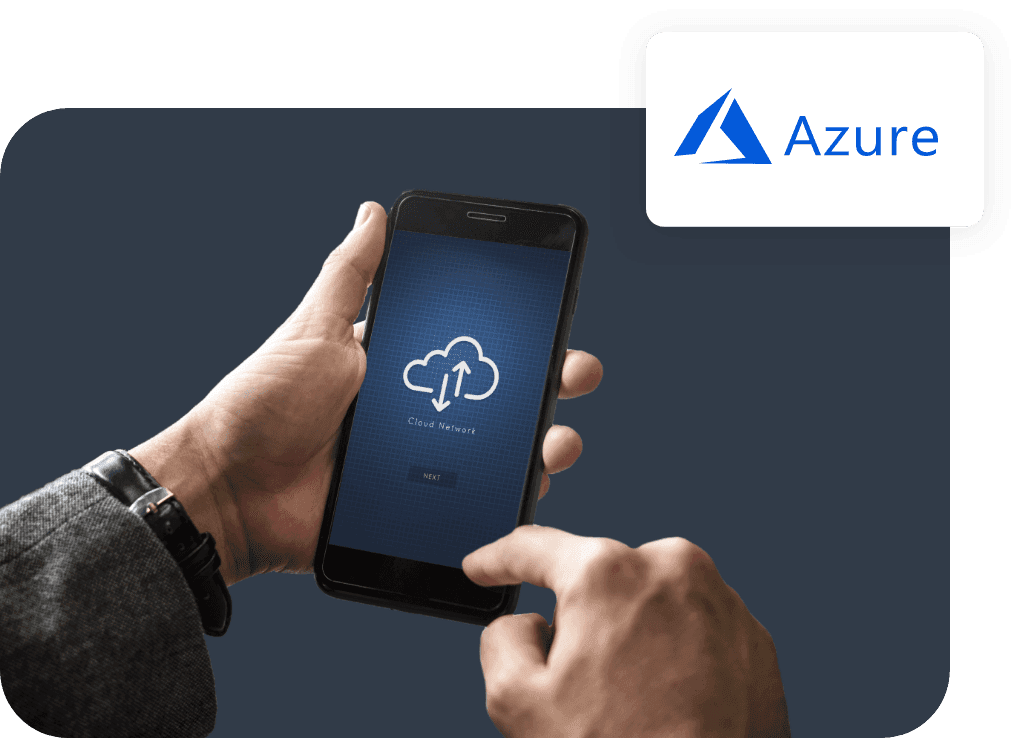 a person holding a cell phone with a cloud network icon on the screen