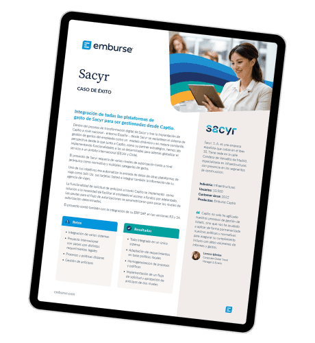 Tablet displaying an Emburse Sacyr success story document about expense management, with a smiling woman in the header.