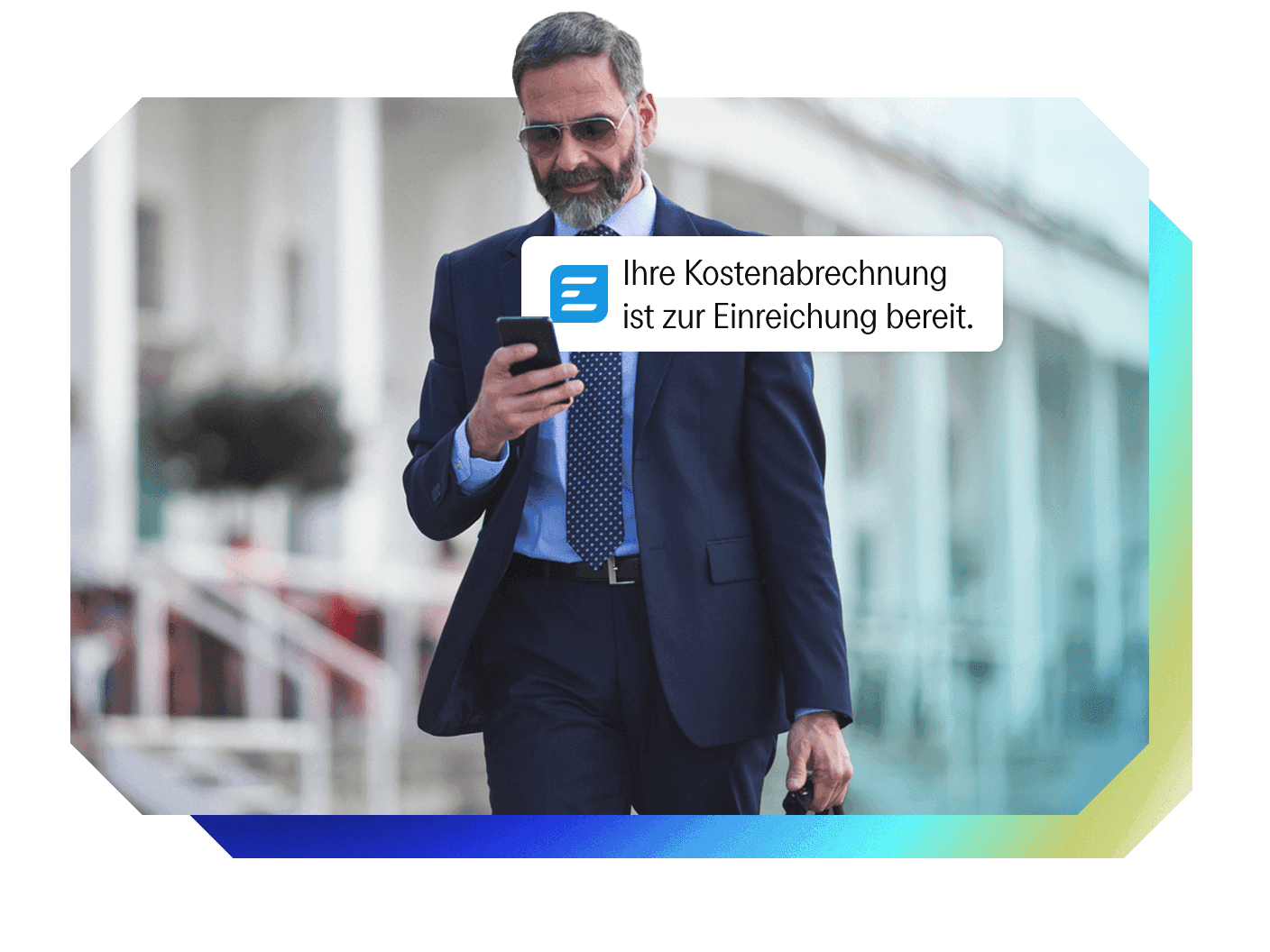 A businessman in a suit looks at his smartphone, showing a notification: "Your expense report is ready for submission."