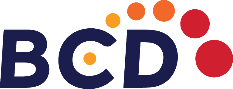 Dark blue BCD logo with an orange dot inside the C, and a curving trail of progressively larger orange to red dots above and to the right of the CD.