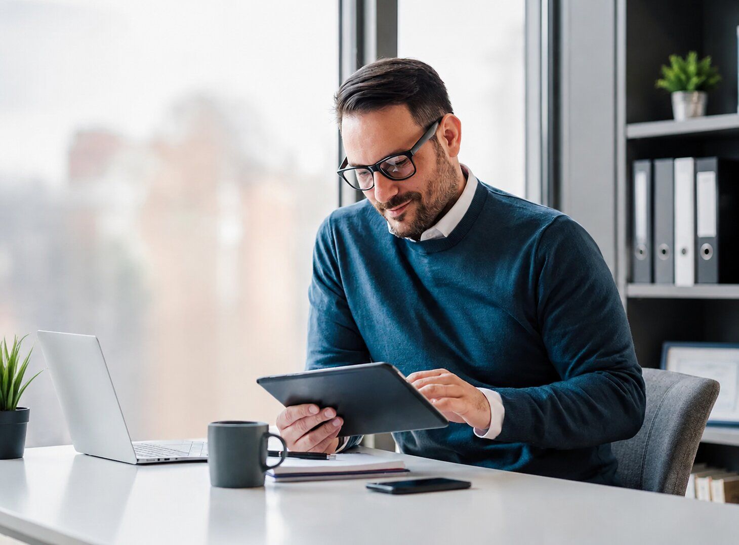 A man wearing glasses uses a tablet at an office desk.