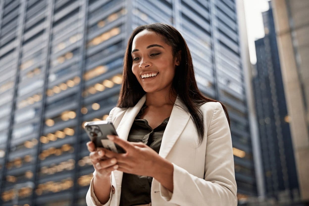 a woman is smiling while looking at her phone