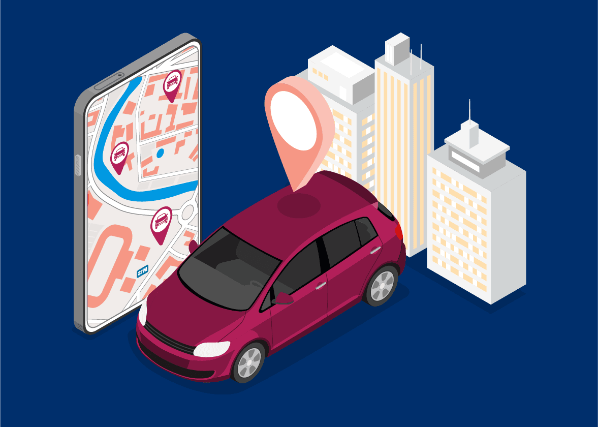 Isometric illustration of a car, a smartphone map with car icons, and city buildings, representing car sharing.