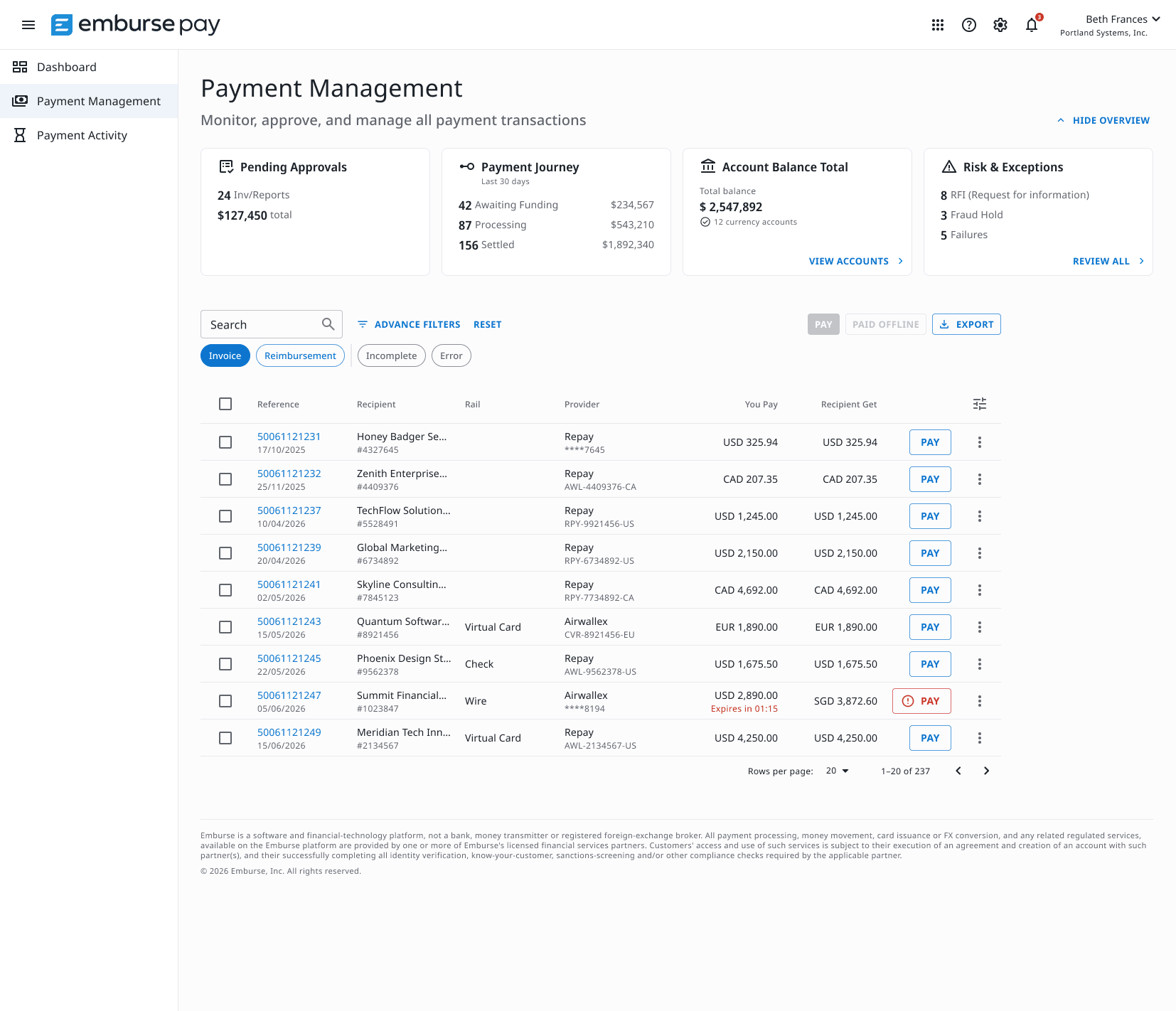 Emburse Pay's payment management dashboard showing an overview of payment statuses, account balance, and risk, plus a table of individual payment transactions.