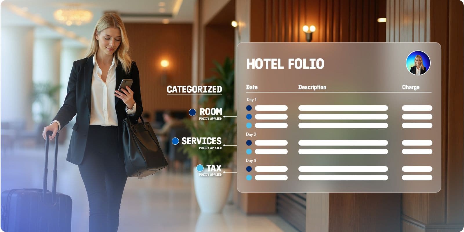 A woman in a hotel lobby reviews a holographic "Hotel Folio" interface displaying categorized room, services, and tax expenses with policy applications.