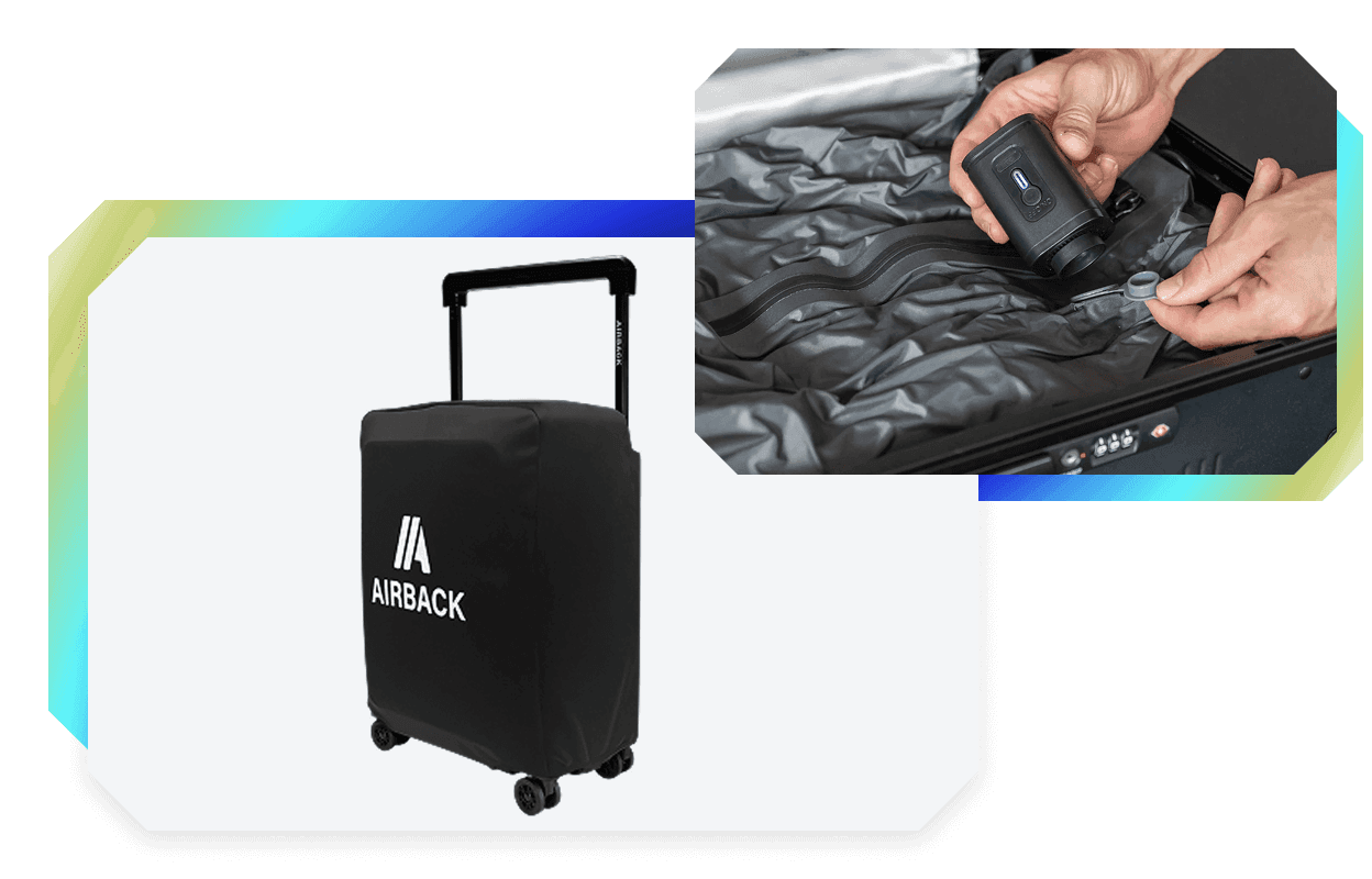 Black "AIRBACK" rolling suitcase and a person using a vacuum pump to compress items inside a luggage compartment.
