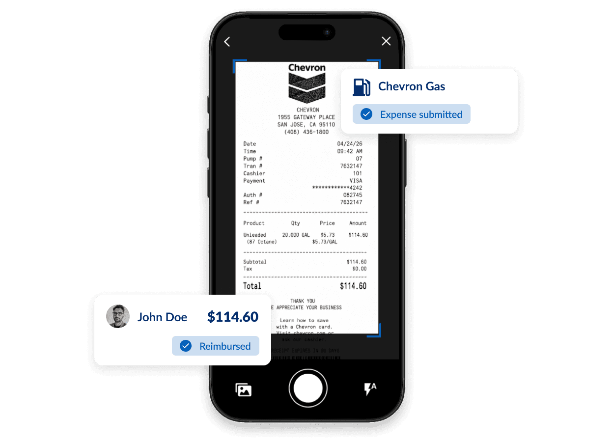 A smartphone scanning a Chevron gas receipt, with overlays indicating expense submission and reimbursement for $114.60.