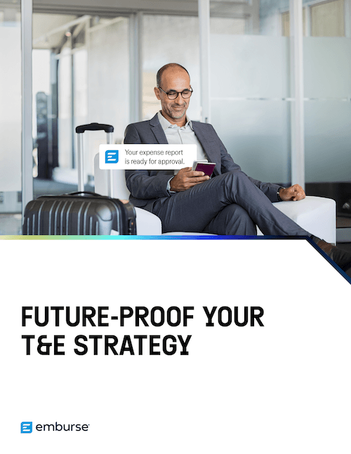 A businessman in an airport lounge views a "Your expense report is ready for approval" notification on his phone. Accompanying text: "FUTURE-PROOF YOUR T&E STRATEGY" and Emburse logo.