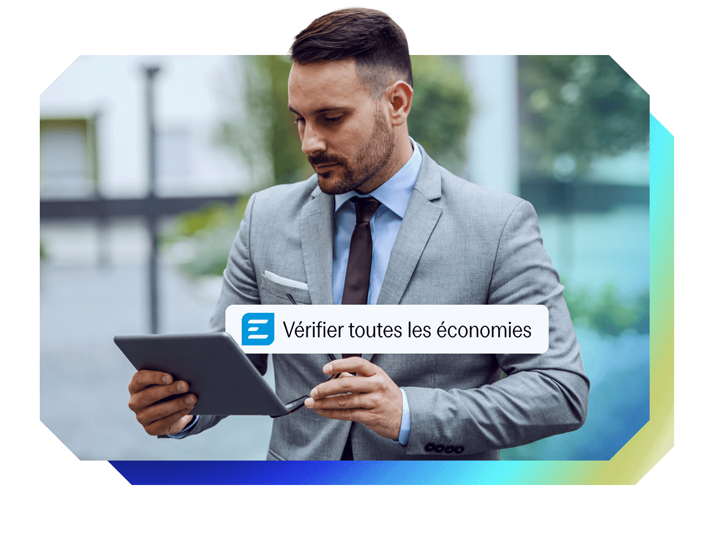 Man in a suit holding a tablet with a "Check all savings" button overlaid.