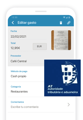 Mobile app screen for editing an expense, showing a receipt, date, total, and provider details. A partial overlay features the Portuguese tax authority logo.