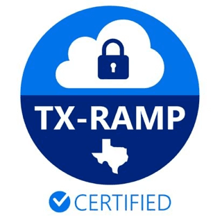 TX-RAMP Certified logo, featuring a cloud with a padlock and the outline of Texas.