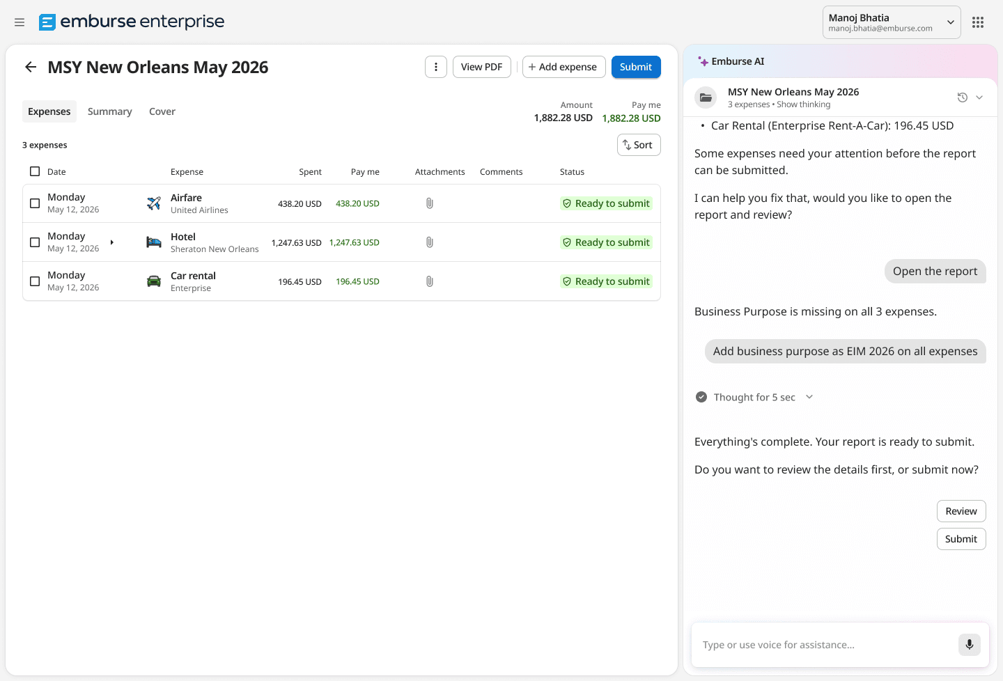 Emburse Enterprise expense report interface showing three expenses (Airfare, Hotel, Car rental) and an AI assistant providing status updates and submission options.