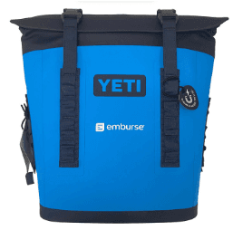 a blue yeti bag with a black strap