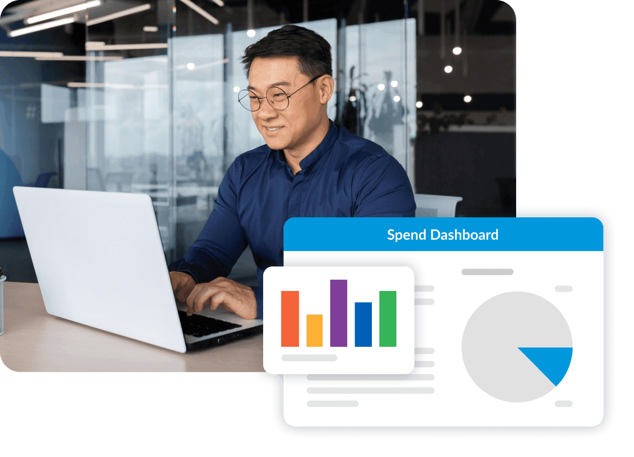 A man smiles while using a laptop, with a digital 'Spend Dashboard' overlay showing charts.